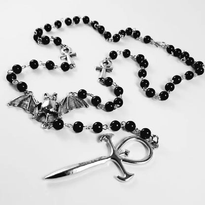 Vampire Ankh Rosary Occult Vamp Bead Necklace Goth Punk Bat Cross Pendant Necklace Handmade Beaded Egyptian Tradgoth Jewelry