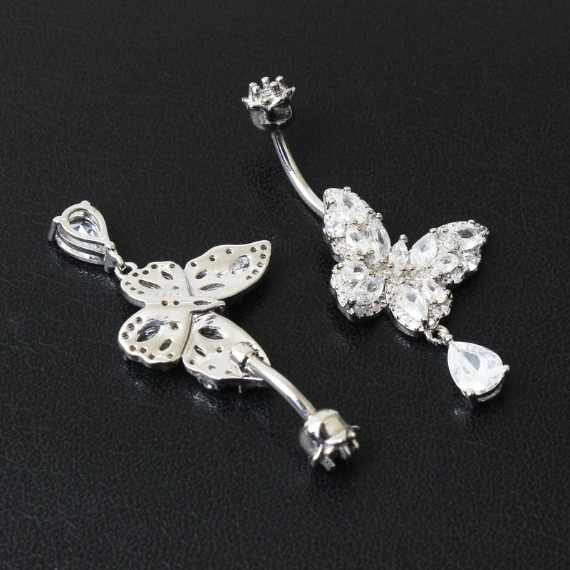 Belly button ring  Butterfly dangle water drop shape Prong Zircon clear real 925 sterling silver Insect Fine jewelry