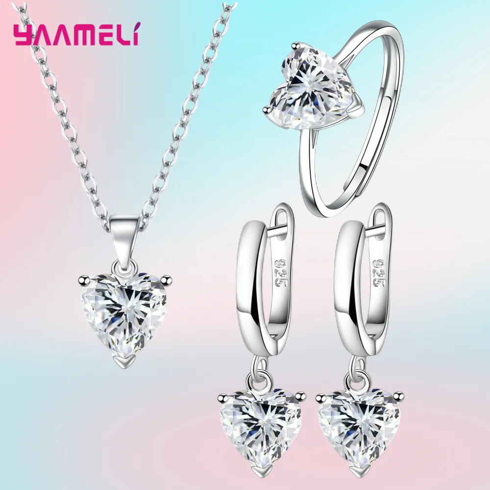 Fine 925 Sterling Silver Color Jewelry Gift Sets for Women Female Romantic Heart Zircon Huggie Earrings Pendant Necklace Ring