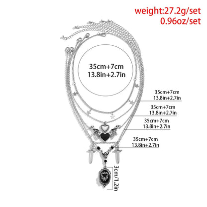 5Pcs/Set Goth Demon Wings Sword Black Heart Pendant Necklace for Women Unique Silver Color Star Link Aesthetic Halloween Jewelry