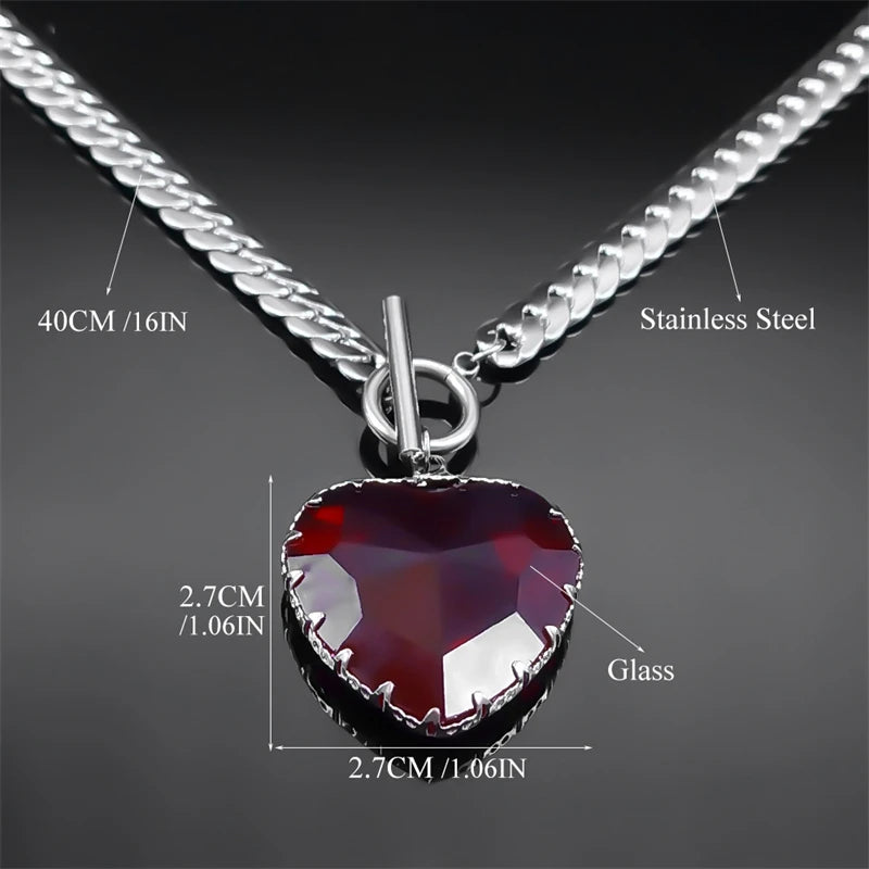 Goth Punk Red Heart Necklace Choker for Women Stainless Steel Silver Color Glass Pendant Clavicle Chain Necklaces Jewelry NXS03