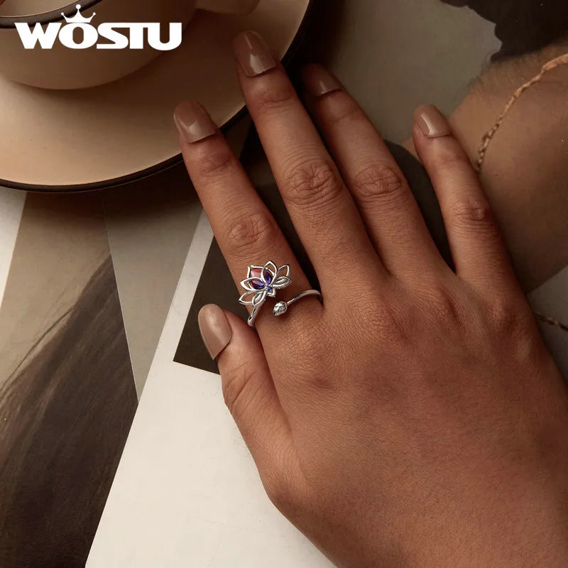 925 Sterling Silver Bi Color Lotus Flower Ring For Women Drop Purple pink Crystal Opening Rings Wedding Party Jewelry Gift