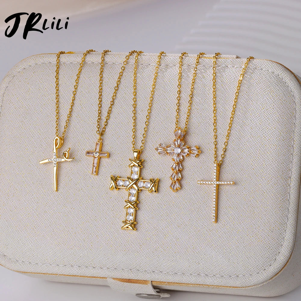 Zircon Cross Pendant Necklace for Women Gold Color Stainless Steel Collar Necklaces Goth Party Wedding Jewelry Gifts