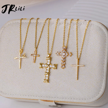 Zircon Cross Pendant Necklace for Women Gold Color Stainless Steel Collar Necklaces Goth Party Wedding Jewelry Gifts