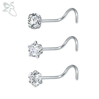 ZS 3-12pcs/lot Stainless Steel Nose Stud Set Round Heart Star CZ Crystal Nose Piercings 3MM L Shape Nostril Piercing Jewelry 20g