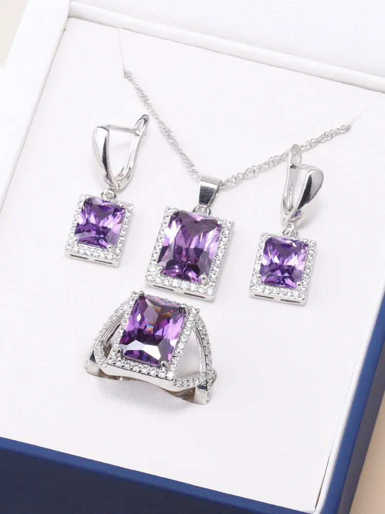 925 Sterling Silver Jewelry Sets Accessories Bridal Women Natural Crystal Zircon Earrings Open Ring Pendant Wedding Necklace Set