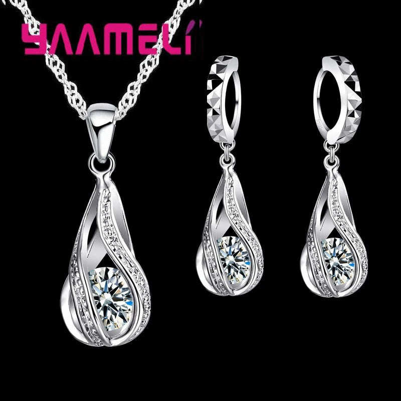 Water Drop CZ 925 Sterling Silver Plated Jewelry Set For Women Pendant Necklace Hoop Earrings Wedding Party Ceremoey Anel