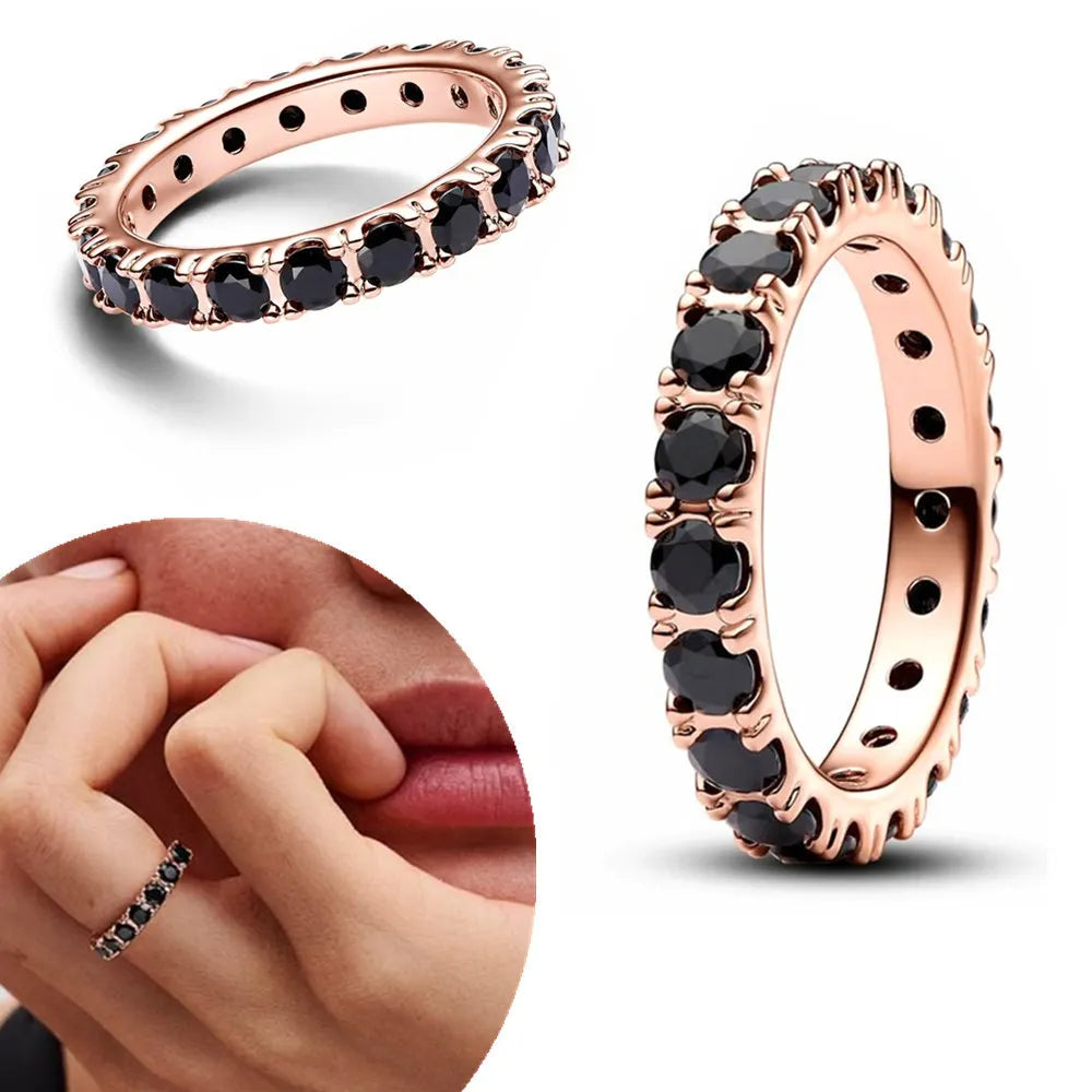 925 Sterling Silver Black Sparkling Row Eternity Ring For Women CZ Cubic Zircon Star Moon Flower Wedding Jewelry Rings Gifts