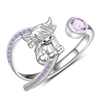 Highland Cow Ring for Women 925 Sterling Silver Adjustable Cow Rings Birthstone Jewelry Gifts for Women Mom (February)