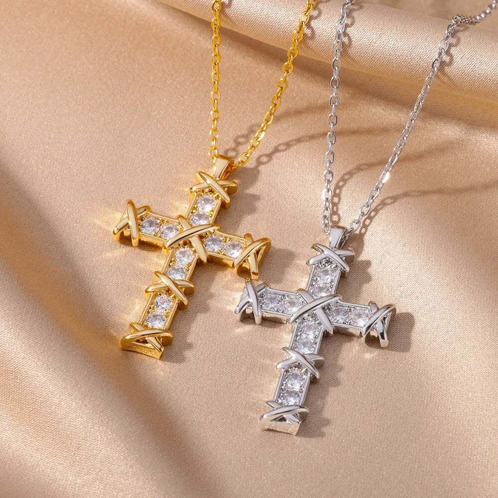 Zircon Cross Pendant Necklace for Women Gold Color Stainless Steel Collar Necklaces Goth Party Wedding Jewelry Gifts