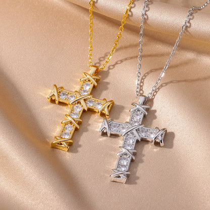 Zircon Cross Pendant Necklace for Women Gold Color Stainless Steel Collar Necklaces Goth Party Wedding Jewelry Gifts