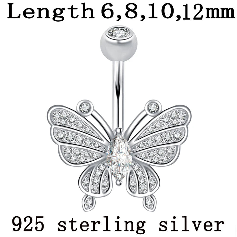 Butterfly Belly Button Ring 925 Sterling Silver Whole Navel Umbilical Bar Clear Zirocn Stones Body Piercing Fine Jewelry