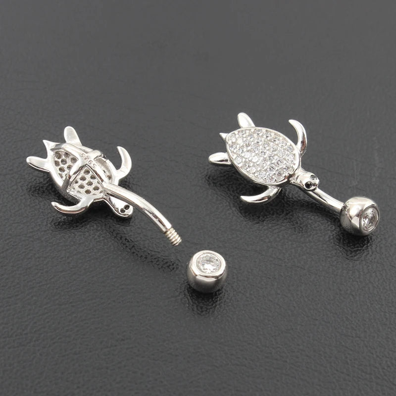 Belly button ring women 925 sterling silver tortoise no allergic 6 8 10 mm pin length setting zircon clear stones body jewelry