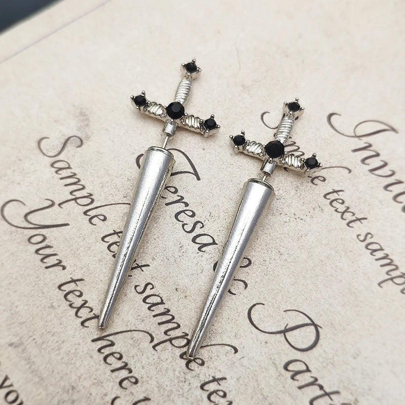 Vintage Dark Gothic Kinitial Sword Earrings For Women Men Dagger Piercing Earring Ear Jacket Punk Goth Halloween Jewelry Gift