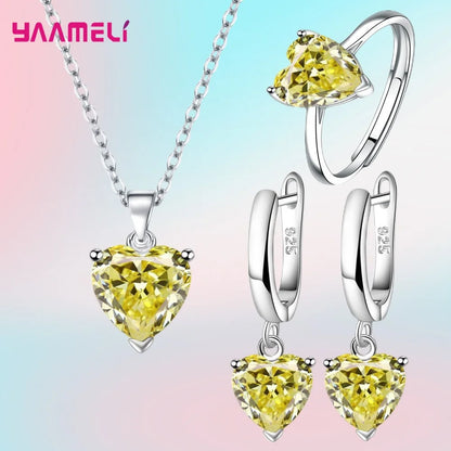 Fine 925 Sterling Silver Color Jewelry Gift Sets for Women Female Romantic Heart Zircon Huggie Earrings Pendant Necklace Ring