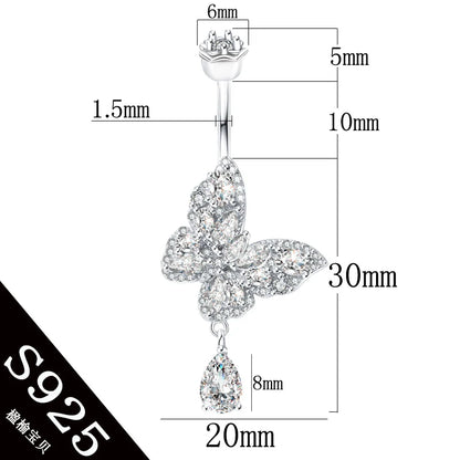 Belly button ring  Butterfly dangle water drop shape Prong Zircon clear real 925 sterling silver Insect Fine jewelry