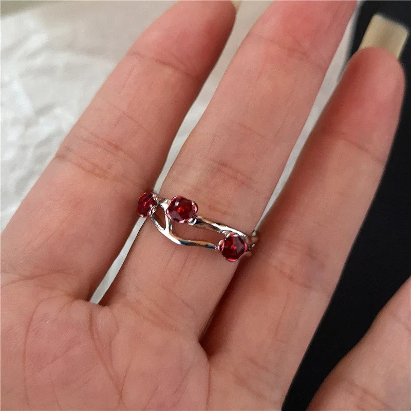 Goth Punk Retro Red Crystal Love Heart Cross Geometry Irregular Open Ring Set Y2K Halloween Accessories For Women Kpop Jewelry