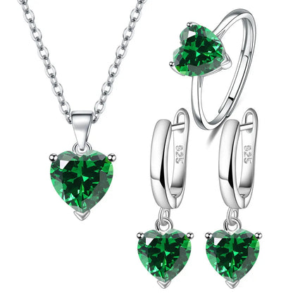 Heart Zircon 925 Silver Jewelry Sets Elegant Women's Ring Earrings Necklace Wedding Bridal Engagement Accessories