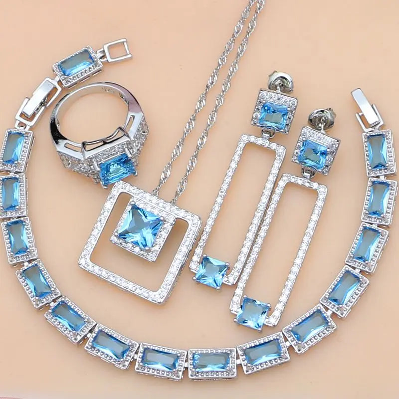 925 Silver Birdal Dubai Jewelry Sets Hyperbole Blue Zircon Stone For Women Party Earrings/Pendant/Necklace/Rings