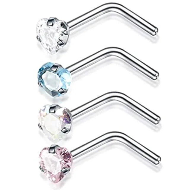 4PCS Surgical Steel Heart Nose Ring Stud Pack Real Star L Shape Nose Piercing Stud Set Square Nose Rings Set Piercing Nariz Lote