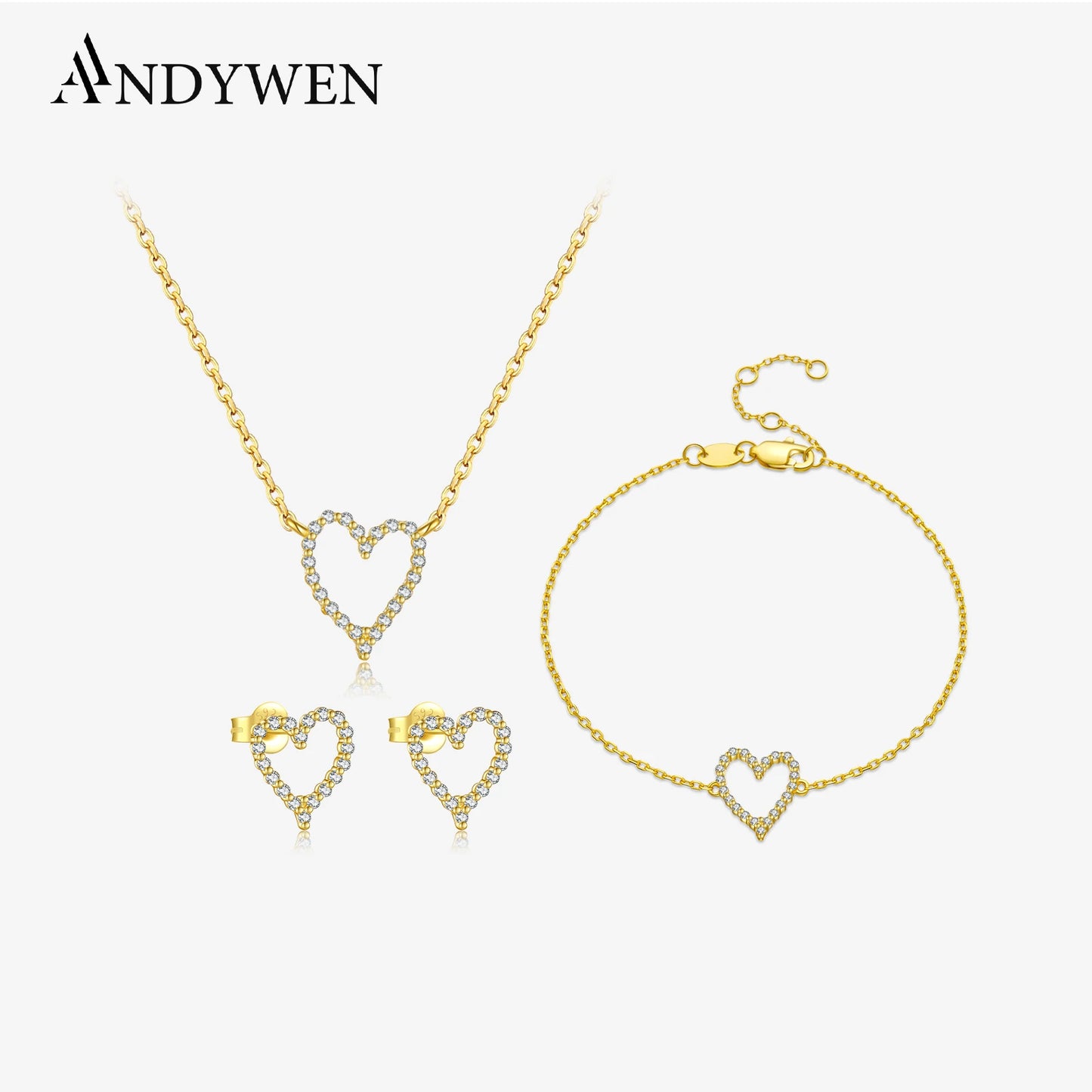 ANDYWEN 925 Sterling Silver Heart CZ Zircon Long Chain Necklace Bracelet Ring Stud Earring Fine Jewelry Set Women Wedding Gift