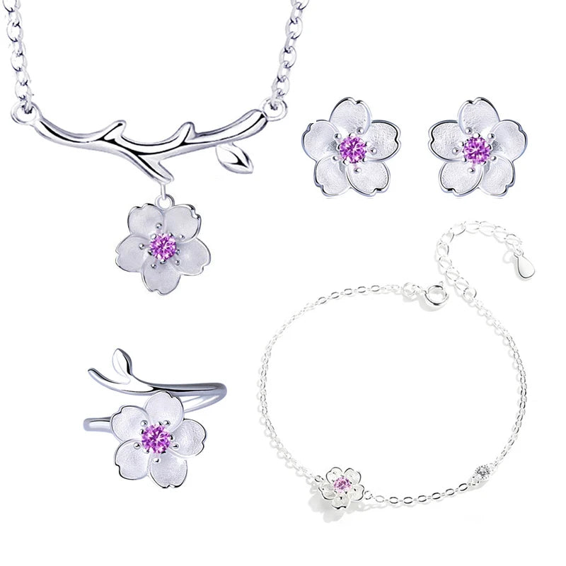 925 Sterling Silver Jewelry Sets Romantic Cherry Blossoms Flower Necklace+Earrings+Ring+Bracelet joyas de plata For Women Gift