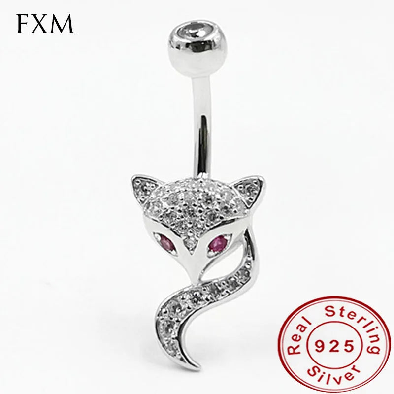 Crystal Fox belly button ring navel piercing jewelry body bar piercing 925 silver zircon rhinestonefor women