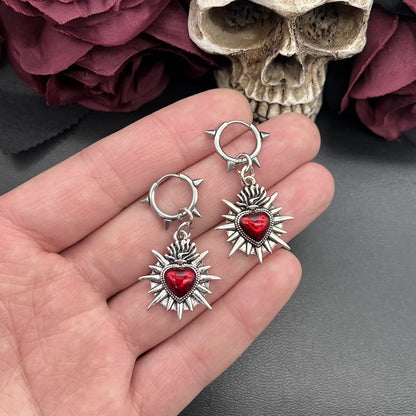 Flaming Sacred Heart Earrings | Spike Stainless Steel Earrings Hoops| Grunge | Goth | Alternative Jewelry | Sacred Heart Jewelry