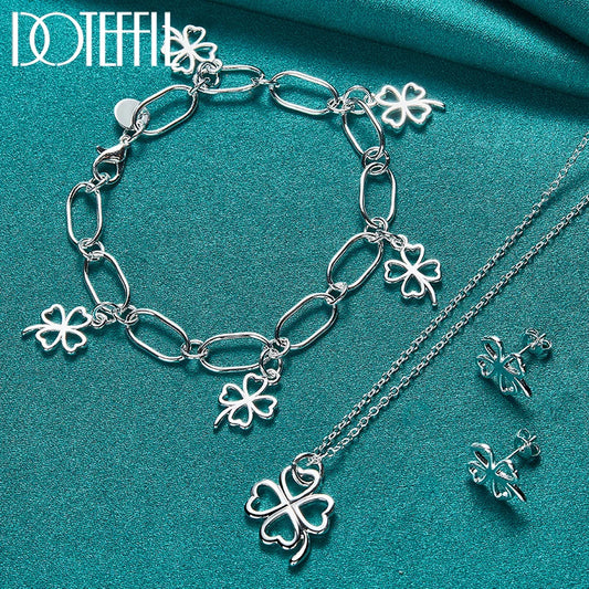 3pcs 925 Sterling Silver Four-leafed Clover Necklace Bracelet Earring Set For Woman Wedding Engagement Fashion Jewelry