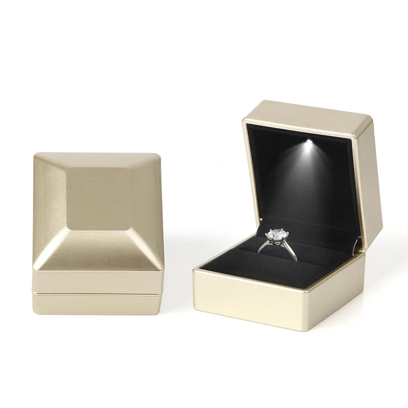 Heart Square Shaped LED Light Ring Box Velvet Jewelry Display Gift Storage Case Wedding Engagement Proposal Anniversary Boxes