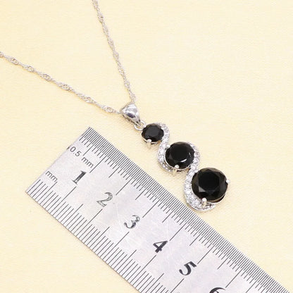 Silver Wedding Jewelry Sets For Women Flower Shape Black Zircon Bracelet Earrings Necklace Pendant Ring Gift Box