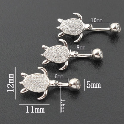 Belly button ring women 925 sterling silver tortoise no allergic 6 8 10 mm pin length setting zircon clear stones body jewelry