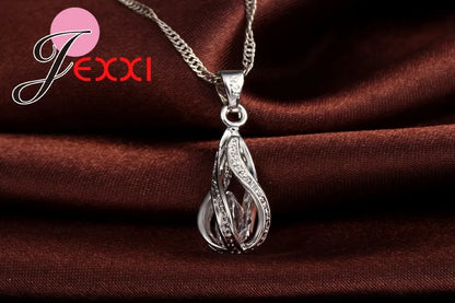 Water Drop CZ 925 Sterling Silver Plated Jewelry Set For Women Pendant Necklace Hoop Earrings Wedding Party Ceremoey Anel