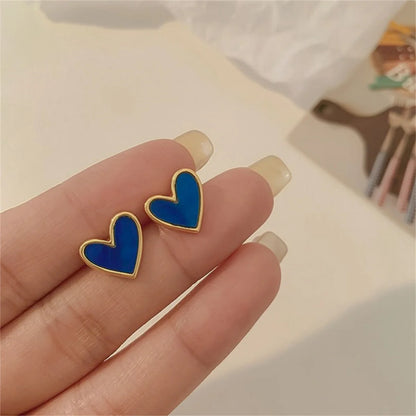 New Korean Sweet Cute Heart Stud Earrings for Women Girl Fashion Blue Glaze Aesthetic Geometric Earrings Minimalist Jewelry Gift