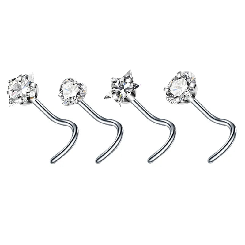 4PCS Surgical Steel Heart Nose Ring Stud Pack Real Star L Shape Nose Piercing Stud Set Square Nose Rings Set Piercing Nariz Lote