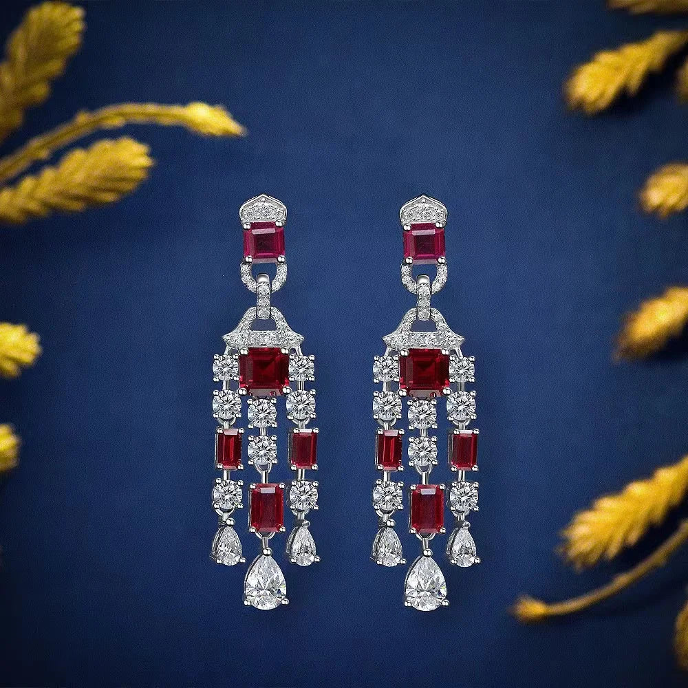 18K Gold Plated 8CT Lab Grown Ruby Vivid Red Sapphire Drop Earrings 925 Sterling Silver Luxury Jewelry