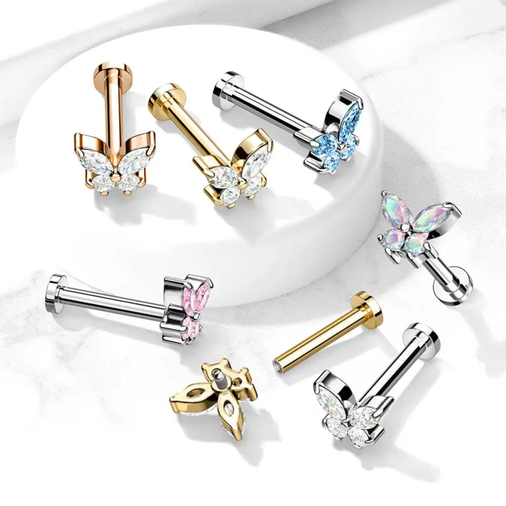 1PCS Butterfly Labret Piercing Lip Stud Cluster Crystal Tragus Earring Flat Cartilage Stud Earrings Zircon Lip Piercing Jewelry