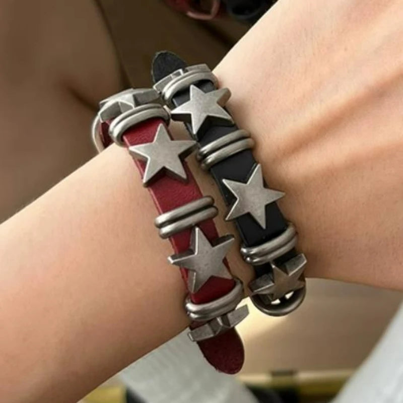 Gothic Star Punk Faux Leather Bracelet for Men Women Spiked Bangle Goth Jewelry Vintage Y2K Cosplay Emo Clothes Accessories