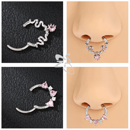 ZS 1PC Pink Crystal Nose Piercing Silver Color Septum Ring 316L Stainless Steel Nose Clicker Ear Helix Cartilage Piercing 16G