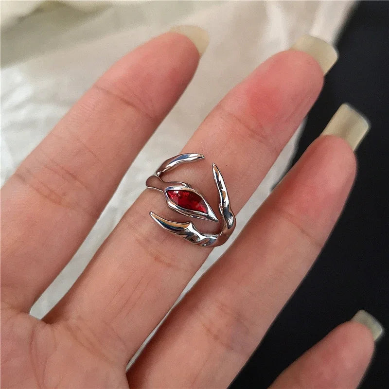 Goth Punk Retro Red Crystal Love Heart Cross Geometry Irregular Open Ring Set Y2K Halloween Accessories For Women Kpop Jewelry