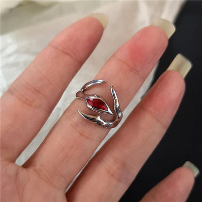 Goth Punk Retro Red Crystal Love Heart Cross Geometry Irregular Open Ring Set Y2K Halloween Accessories For Women Kpop Jewelry