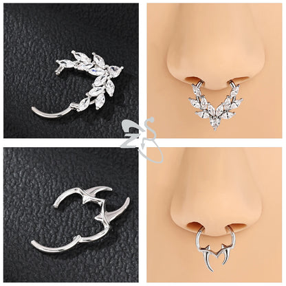 ZS 1PC Pink Crystal Nose Piercing Silver Color Septum Ring 316L Stainless Steel Nose Clicker Ear Helix Cartilage Piercing 16G