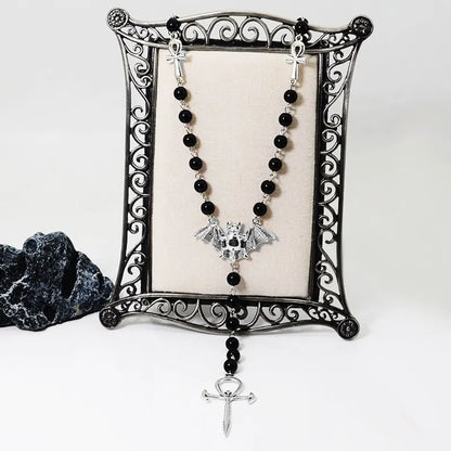 Vampire Ankh Rosary Occult Vamp Bead Necklace Goth Punk Bat Cross Pendant Necklace Handmade Beaded Egyptian Tradgoth Jewelry