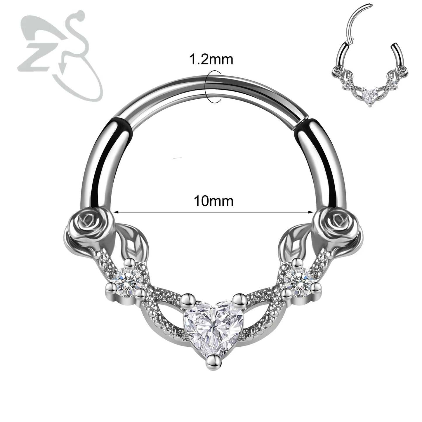 ZS 1PC Pink Crystal Nose Piercing Silver Color Septum Ring 316L Stainless Steel Nose Clicker Ear Helix Cartilage Piercing 16G