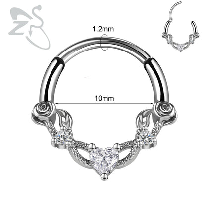 ZS 1PC Pink Crystal Nose Piercing Silver Color Septum Ring 316L Stainless Steel Nose Clicker Ear Helix Cartilage Piercing 16G