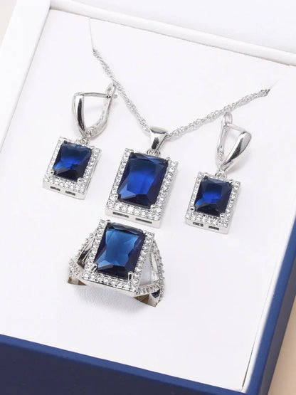 925 Sterling Silver Jewelry Sets Accessories Bridal Women Natural Crystal Zircon Earrings Open Ring Pendant Wedding Necklace Set