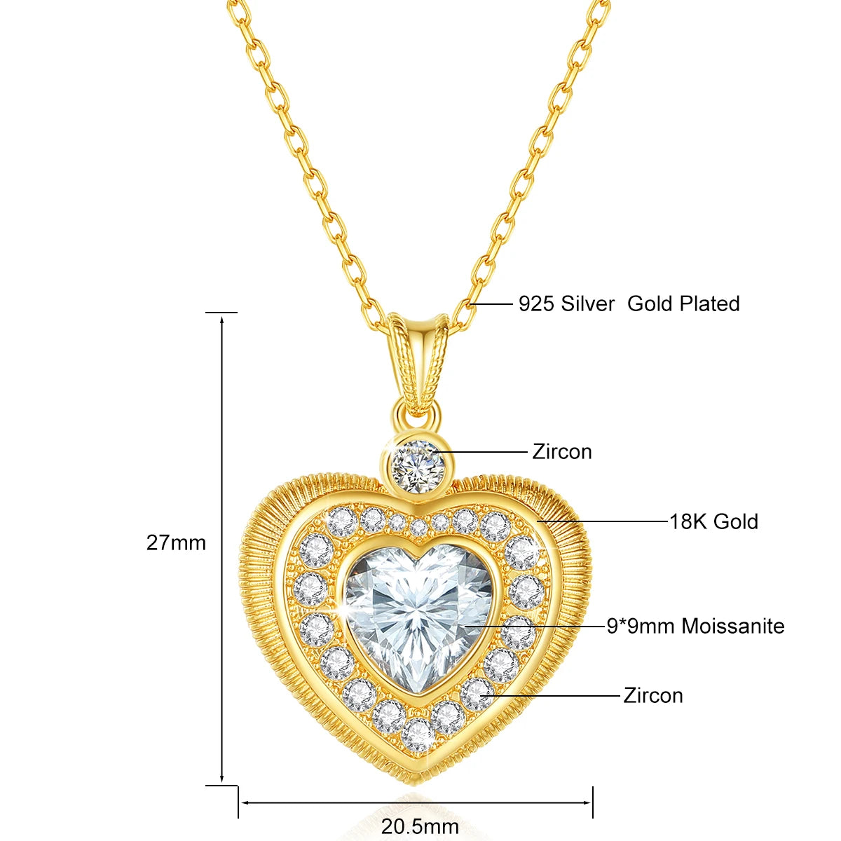 18K Gold Heart Necklace 9mm 3ct Moissanite Pendant K Gold Luxury Wedding Jewelry With Certificate