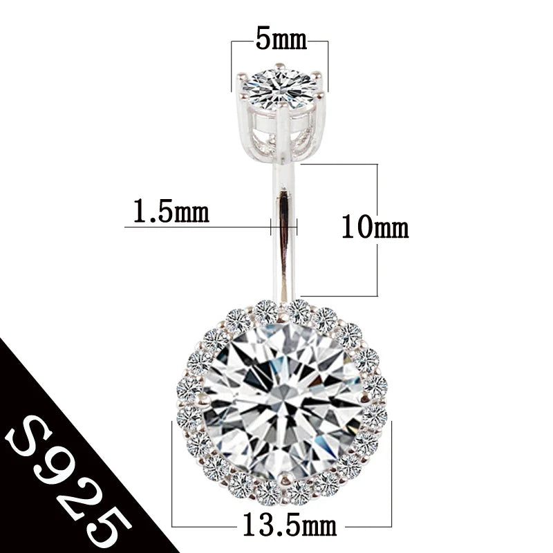 Belly button ring real 925 sterling silver body piercing fine jewelry round zircon not allergic pin length 6 8 10 mm 925 silver