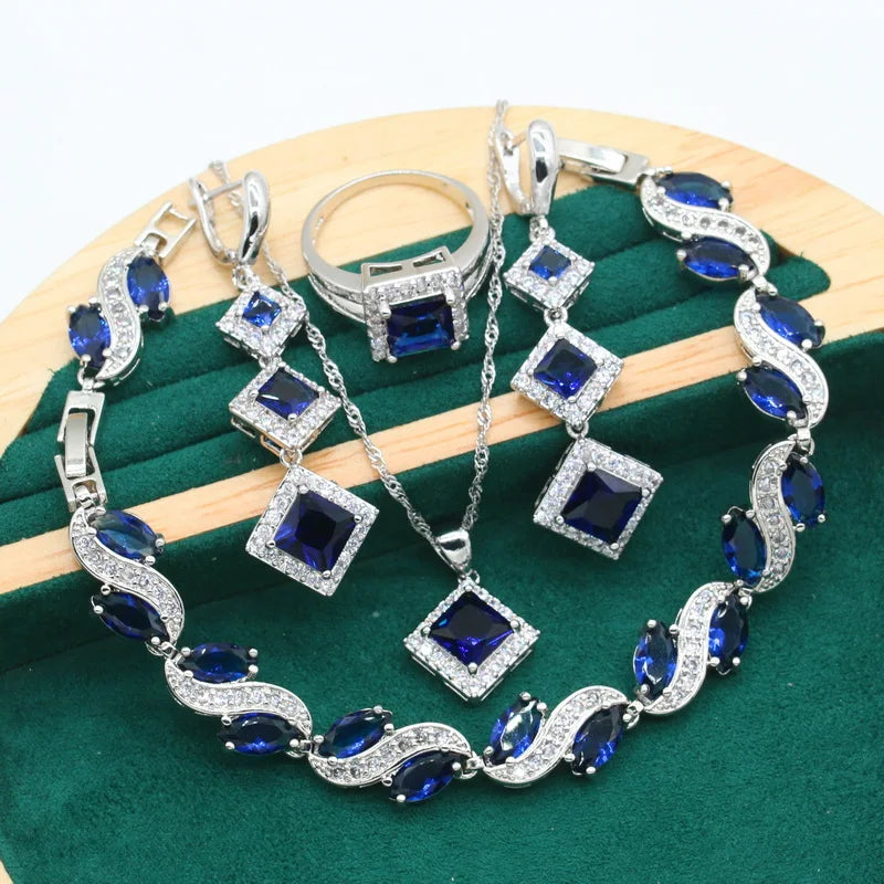 Classic Blue Topaz Bride 925 Silver Jewelry Set for Women Wedding Bracelet Long Earrings Ring Necklace Pendant Gift Box