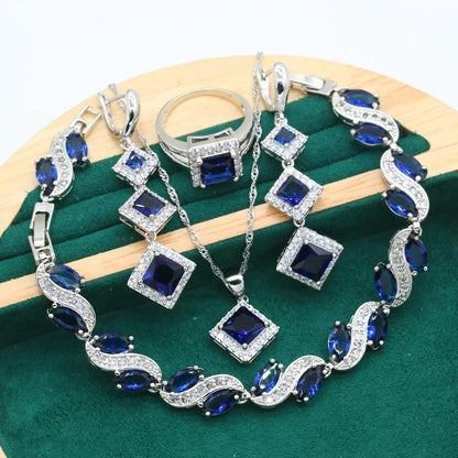 Classic Blue Topaz Bride 925 Silver Jewelry Set for Women Wedding Bracelet Long Earrings Ring Necklace Pendant Gift Box